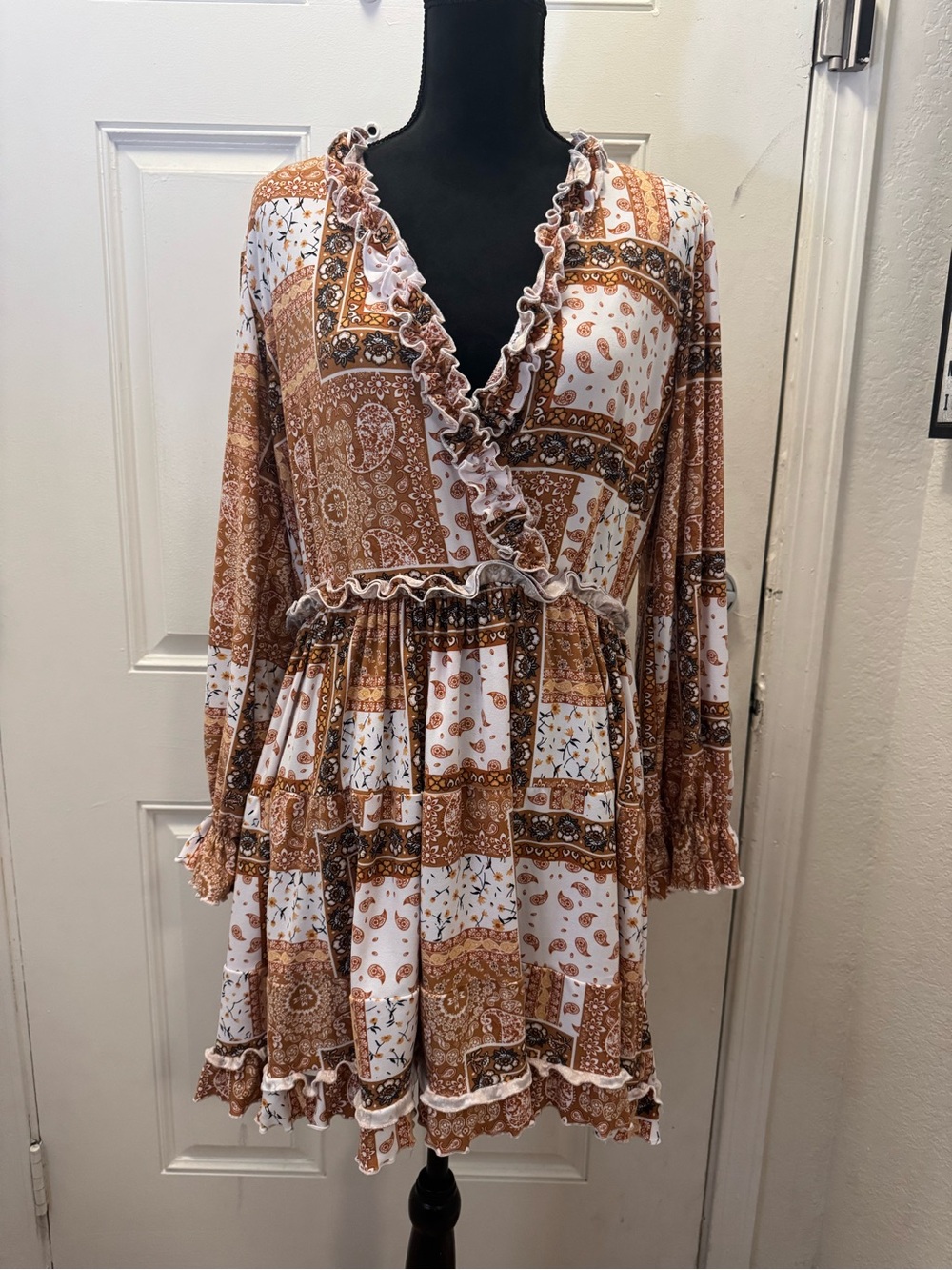 Ruffled Patchwork Mini Dress in Rust Paisley 0439